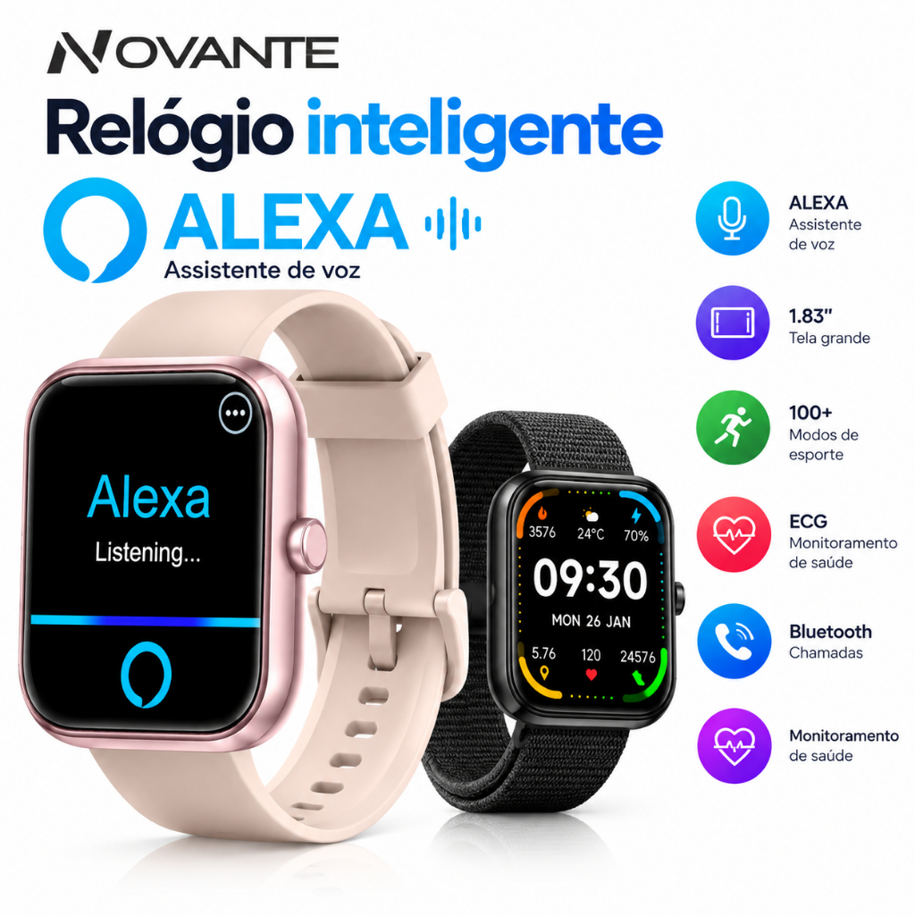 NOVANTE Relógio Inteligente 1.83" Alexa Integrada Chamadas Bluetooth IP68 100+ Modos Esportivos Monitoramento de Saúde