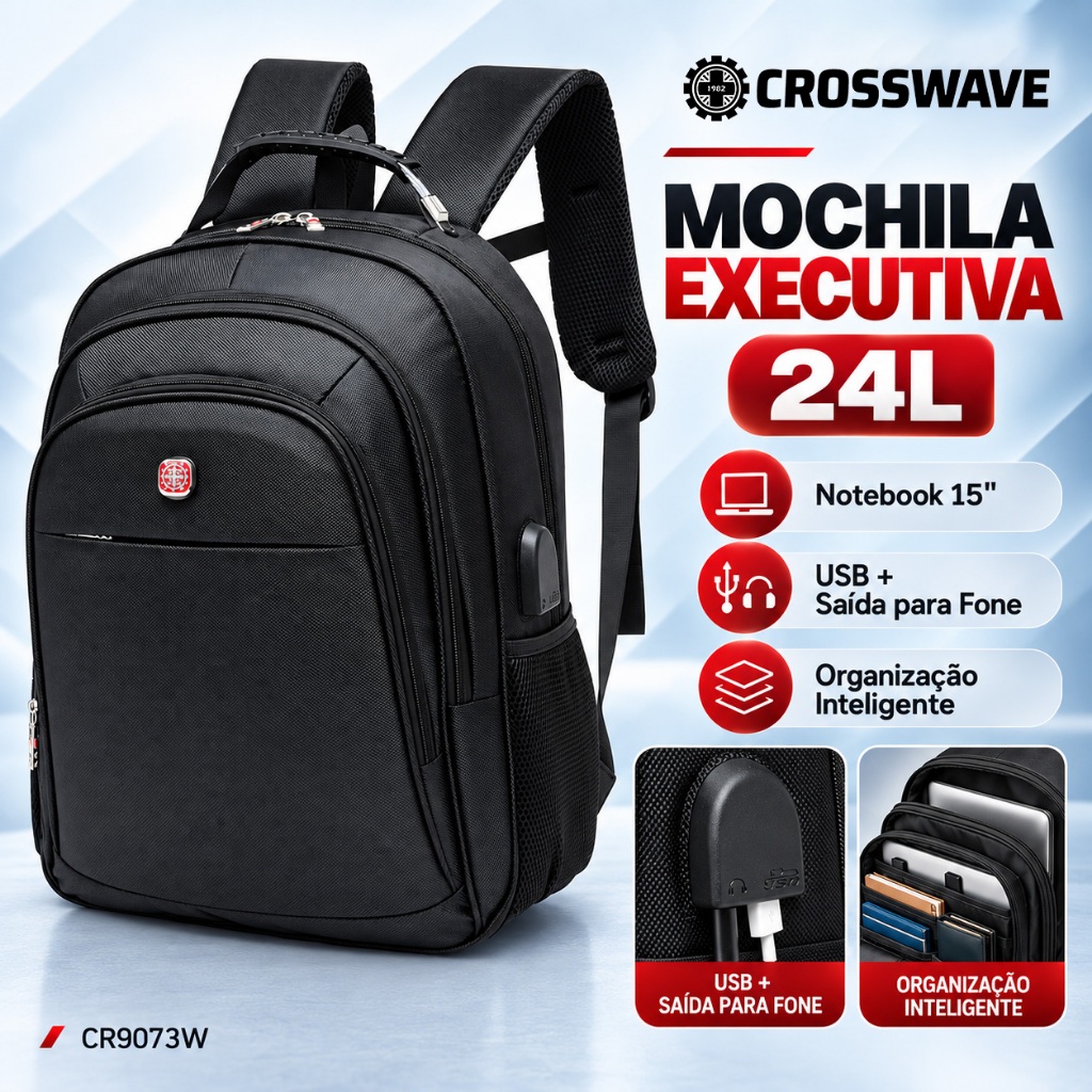 Mochila Masculina Resistente USB Notebook 15'' 24L Executiva Para Trabalho e Faculdade Crosswave