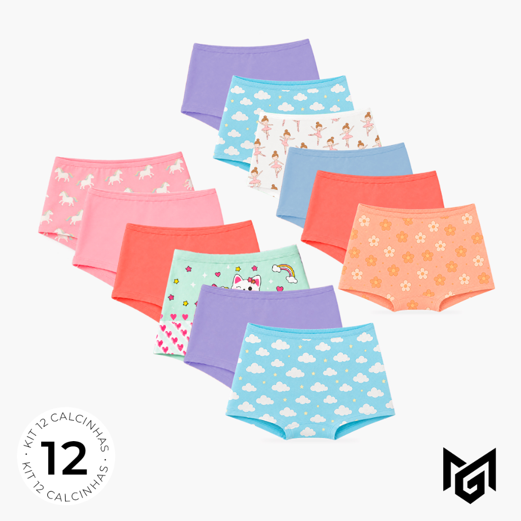Kit 12 Calcinhas Shortinho Boxer Infantil Meninas Tecido de Algodão Confortável Para Dia a Dia