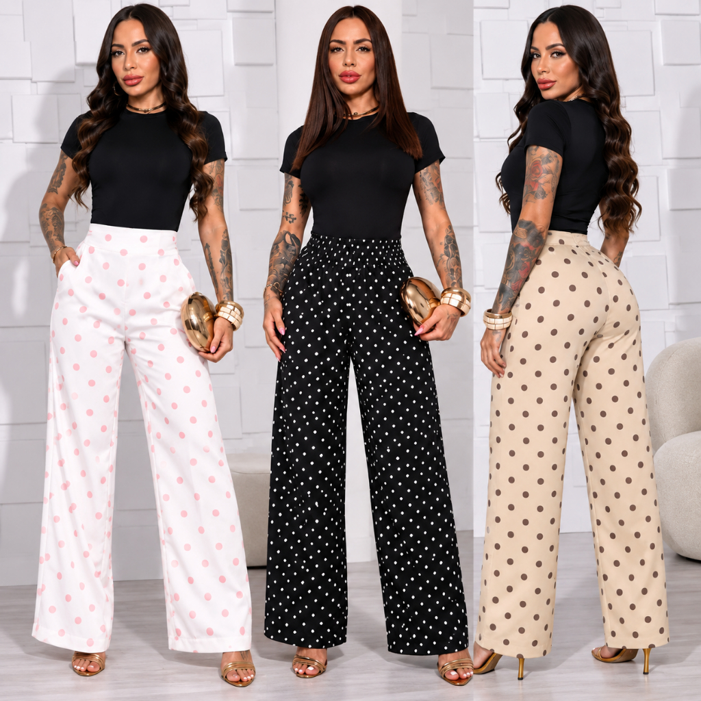 Calça Pantalona Femenino Estampa Poá Alfaiataria PremiumCom Bolso Elastico na Costa Estilosa Tamanho M G e GG