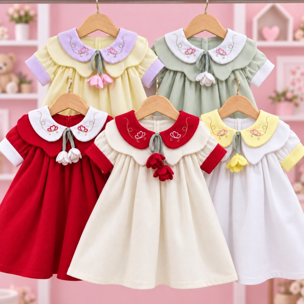 Vestido Infantil Menina com Gola Bordada Cordão Flor Delicado Confortável Tecido Fustão Vestido Para Bebe