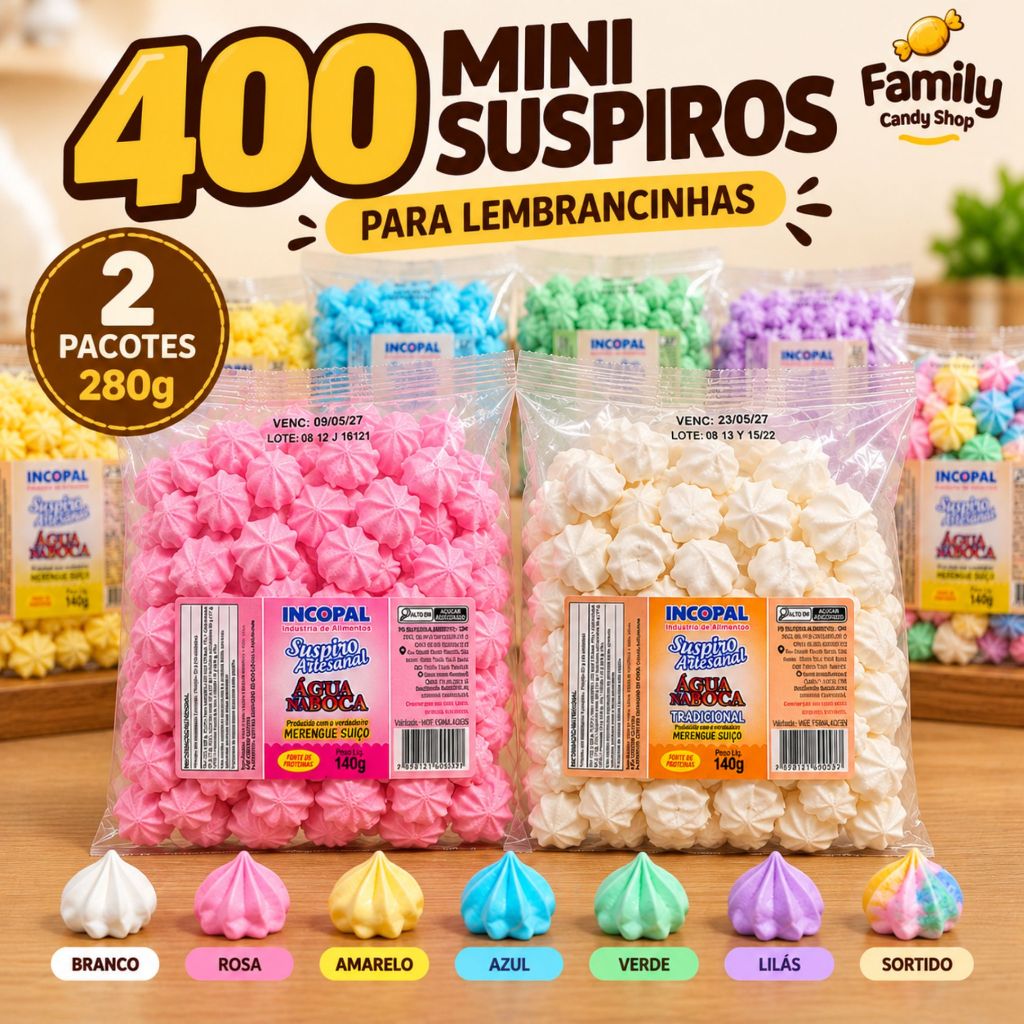 400 Mini Suspiros Incopal 2 Pacotes 280g para Lembrancinhas Festas Casamento Chá de Bebê Aniversário 7 Cores