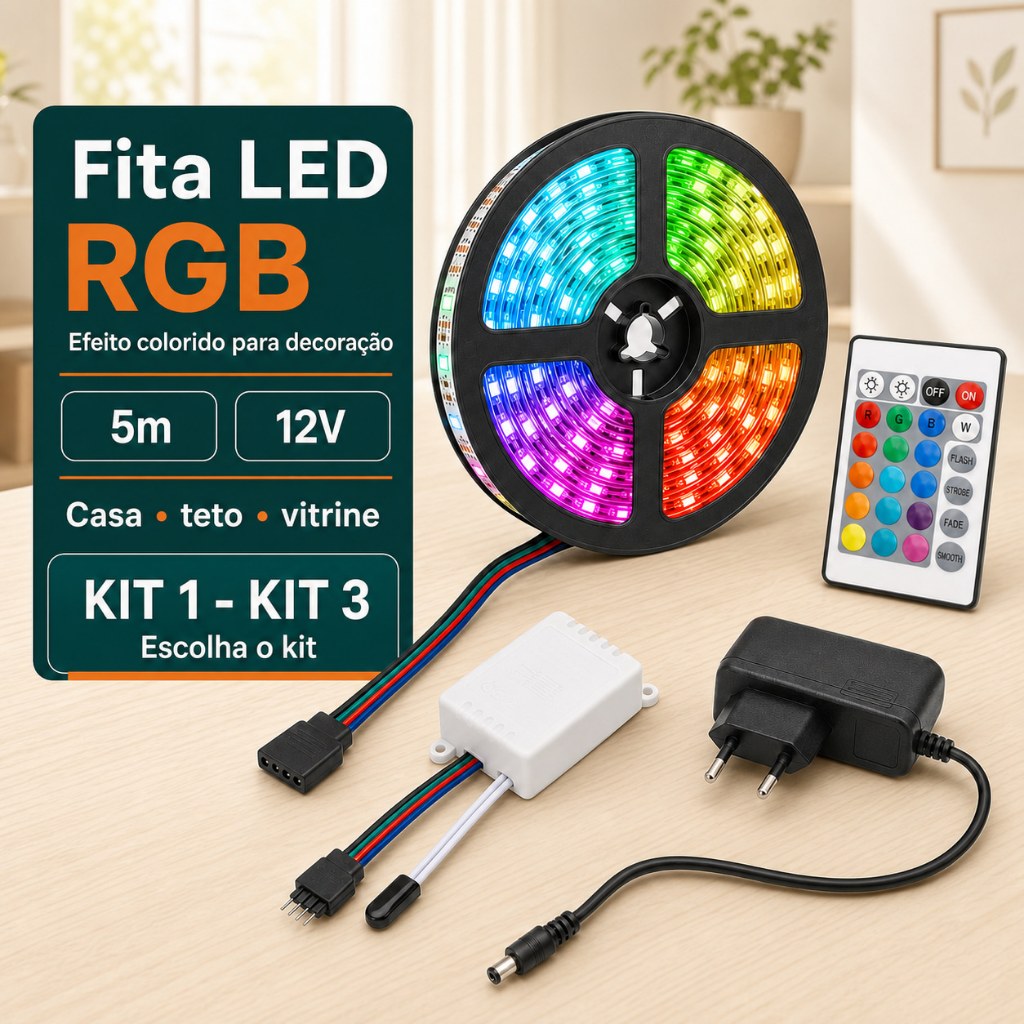 Fita LED RGB 2835 12V de 5 Metros com Controle Remoto para Sanca, TV e Quarto Kit 1, 2 ou 3 com ou sem Fonte