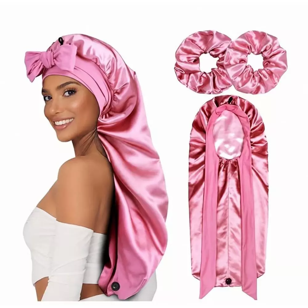 Kit Touca de Cetim Longa com Laço + 2 Xuxinhas Scrunchies Antifrizz para Dormir Cabelos Cacheados