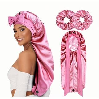 Kit Touca de Cetim Longa com Laço + 2 Xuxinhas Scrunchies Antifrizz para Dormir Cabelos Cacheados