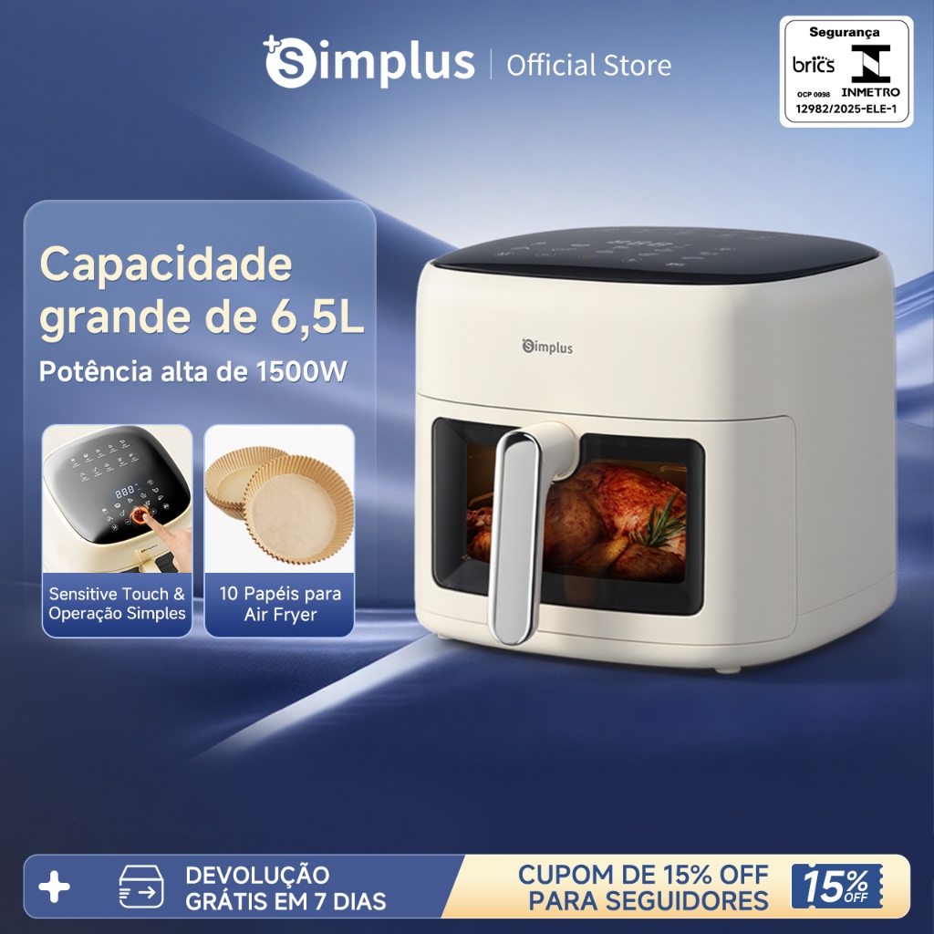 Simplus Air Fryer 6,5L 1500W 127V Fritadeira Sem Óleo Digital Touch Baixa Gordura Cozimento Saudável Visor KQZG018