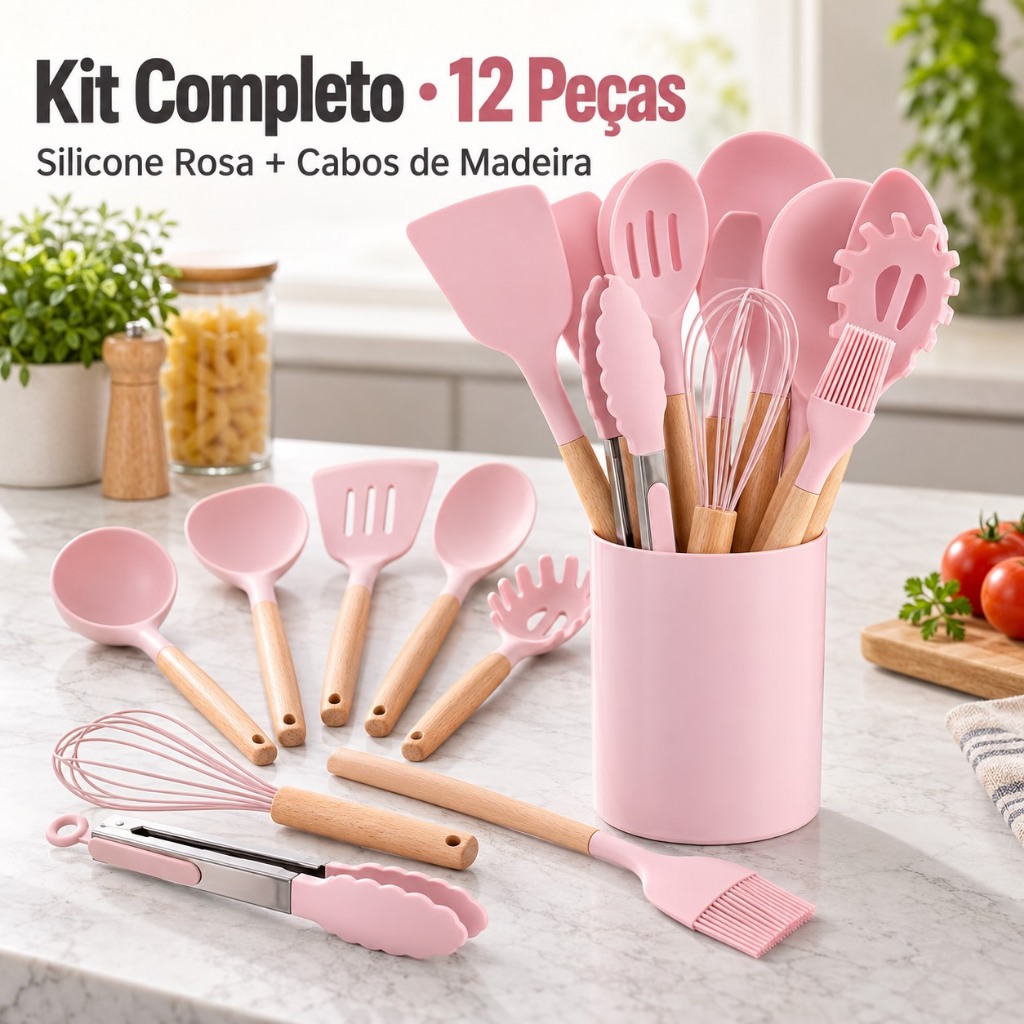Kit Cozinha Silicone Rosa 12 Peças com Pegador Batedor Colheres Espátulas e Suporte para Panelas Antiaderentes