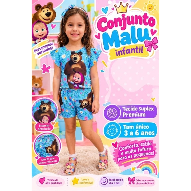 Conjunto Infantil Feminino Malu em Suplex – Blusa + Short Estampado, Confortável, Não Transparente, Envio Rápido