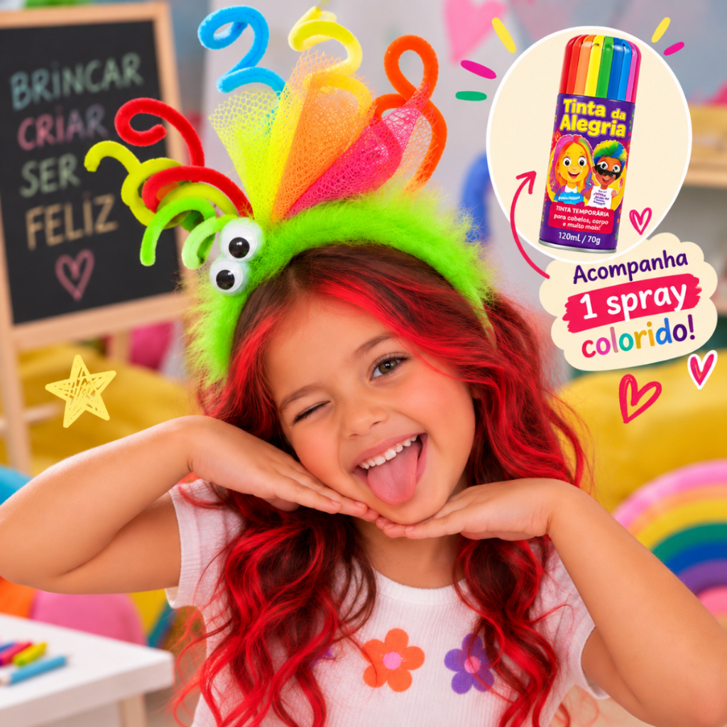 Tiara Divertida Infantil Colorida Com Spray ROSA Cabelo Maluco Dia das Crianças