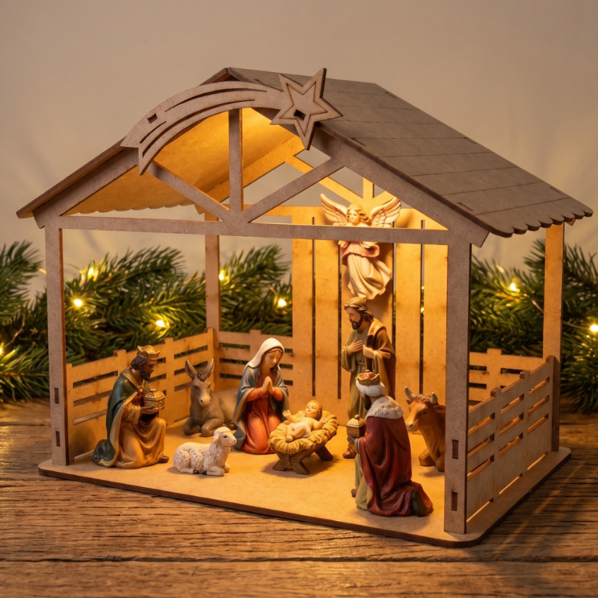 Presépio Natalino Mdf Cru 20 Cm Para Decoração Enfeite de Natal Casinha Artesanato