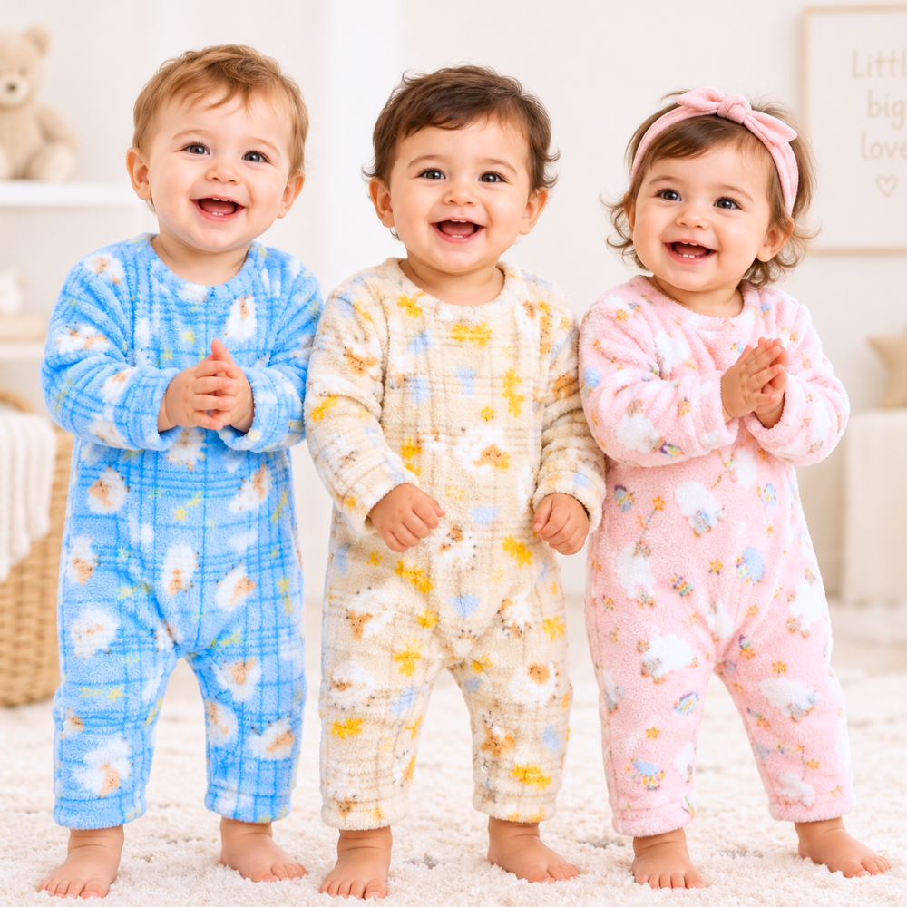 Macacão de Bebê Estampado Ovelhinhas Fleece Inverno Quentinho Menino Menina Sem Pé 1 a 12 Meses