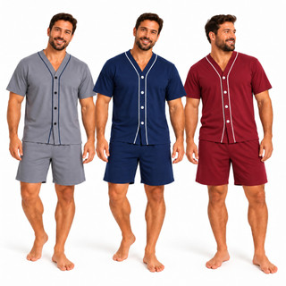Pijama Masculino Meia Manga Pijama Americano Roupa de Dormir Pijama de Botões