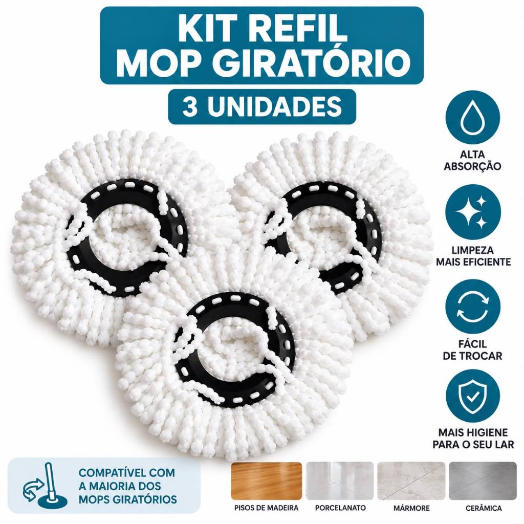 Kit 3 Refis para Mop Giratório 360° Microfibra Alta Absorção – Refil Compatível