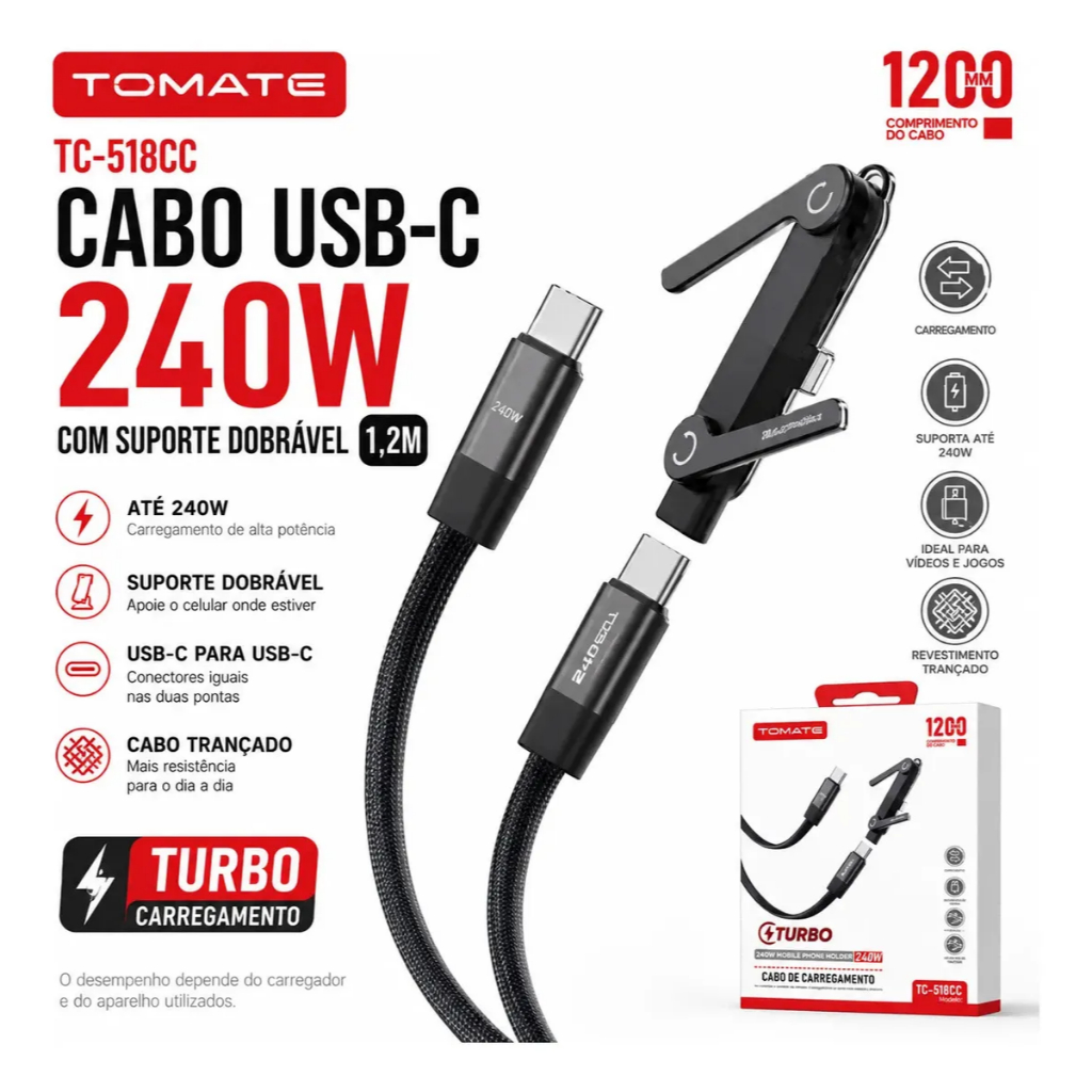 Cabo Tipo-C 240W 1,2m TC-518CC com Suporte Celular Removível para Uso Vertical e Horizontal Cabo Nylon Reforçado