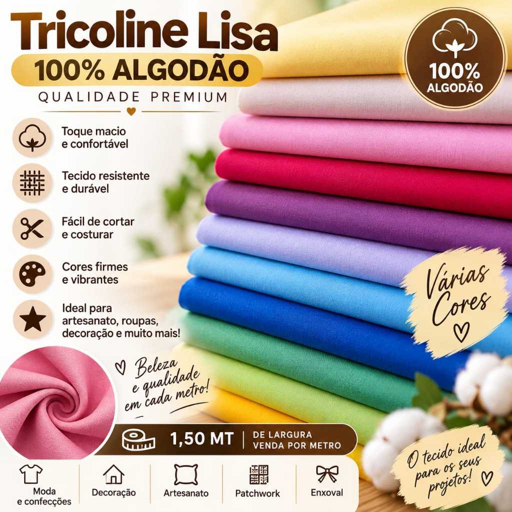 Tecido Tricoline Liso 100% algodão (25 CM POR 1,40 MT LEVANDO ACIMA DE 2 UNIDADES VAI SEM CORTES).