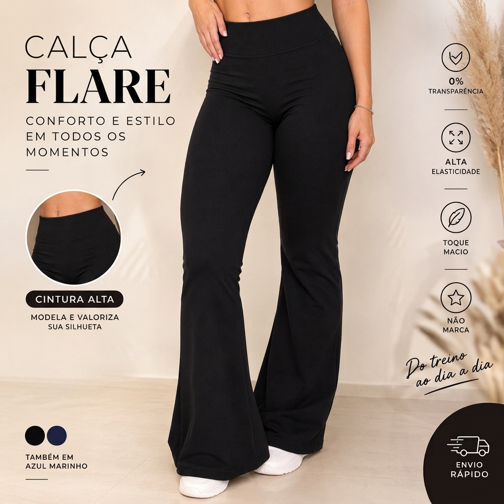 Calça Flare Feminina Legging Cintura Alta Suplex Academia Boca de Sino Zero Transparência