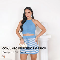 Conjunto Feminino em Tricô Cropped e Saia Curta Canelado