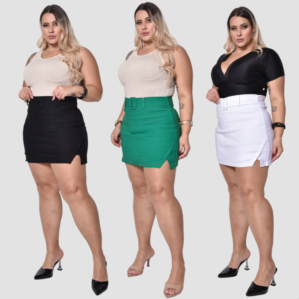 Shorts Saia Feminina Plus Size Social Cintura Alta C/ Cinto E Fenda Lateral Tecido Bengaline Modelador Reduz Pouchete