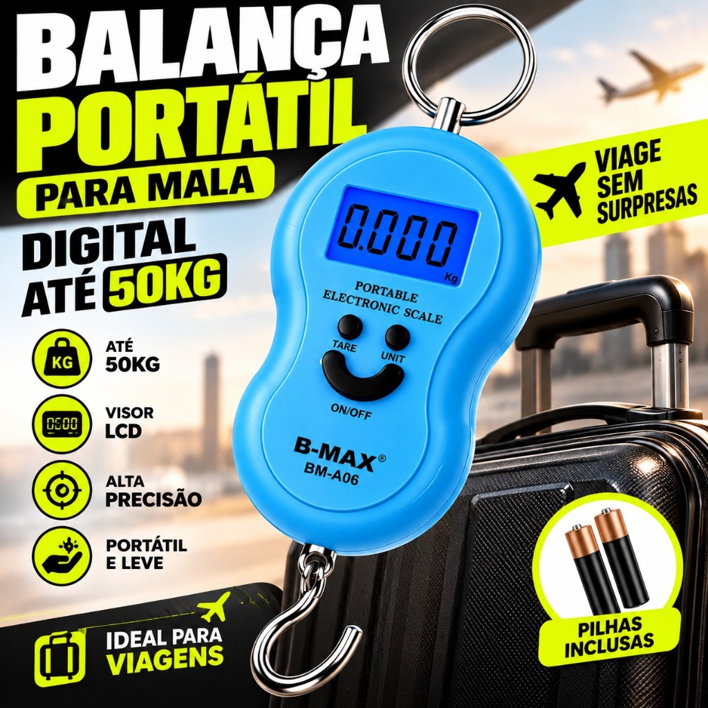 Imagem Balança Portátil Para Mala 50kg Digital com Gancho Pilhas e Visor LCD Para Viagem