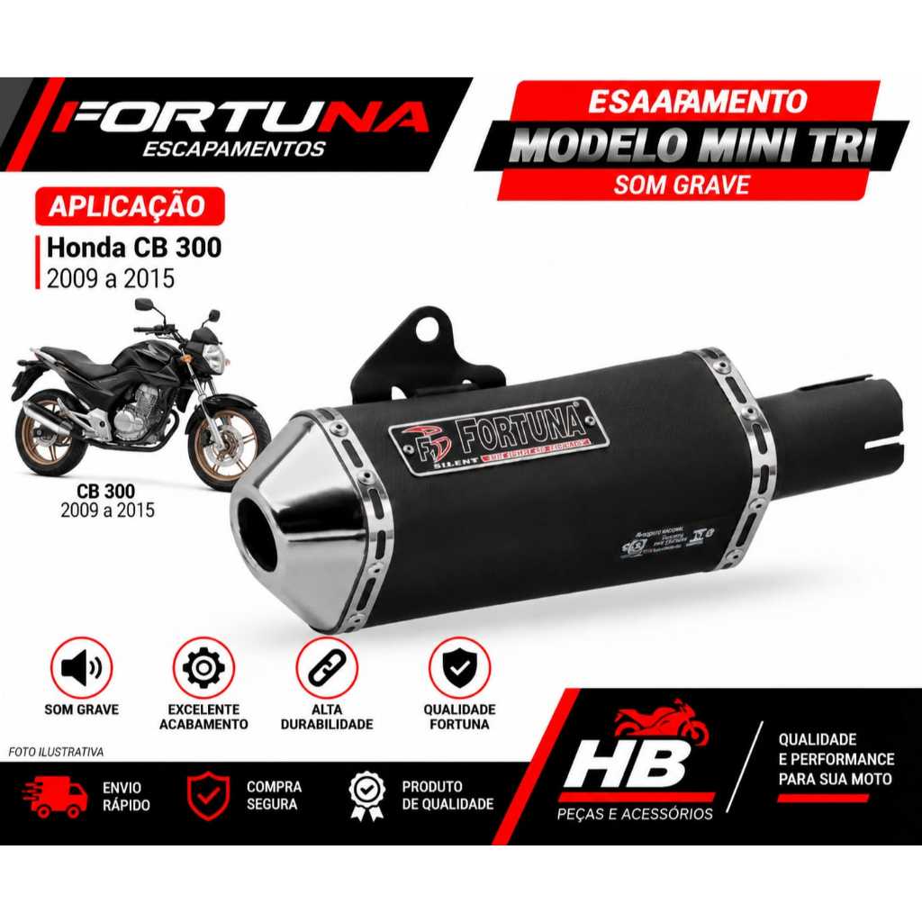 Escapamento Cb 300r Ano 2009 a 2015 Fortuna F1 Mini Tri Oval Preto/cromado