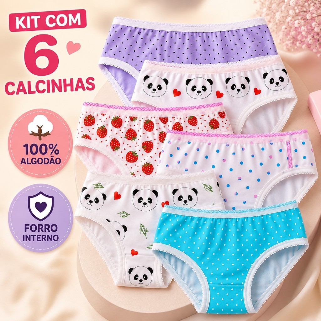 Calcinha Infantil em Malha 100% Algodão com Forro Estampas Variadas 1 a 9 anos
