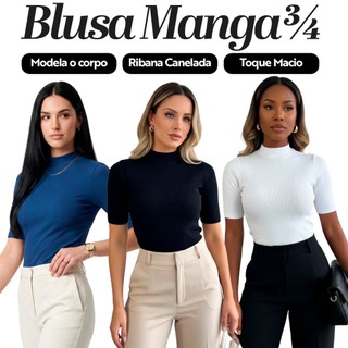 Blusa Gola Alta Ribana Canelada Manga 3/4 em Algodão - Camisa Básica Feminina Casual