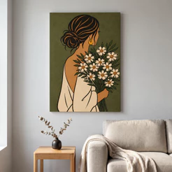 Quadro Decorativo Mulher Flores do Campo 60x90 Tela Canvas Grande Pronto Para Pendurar Sala Quarto
