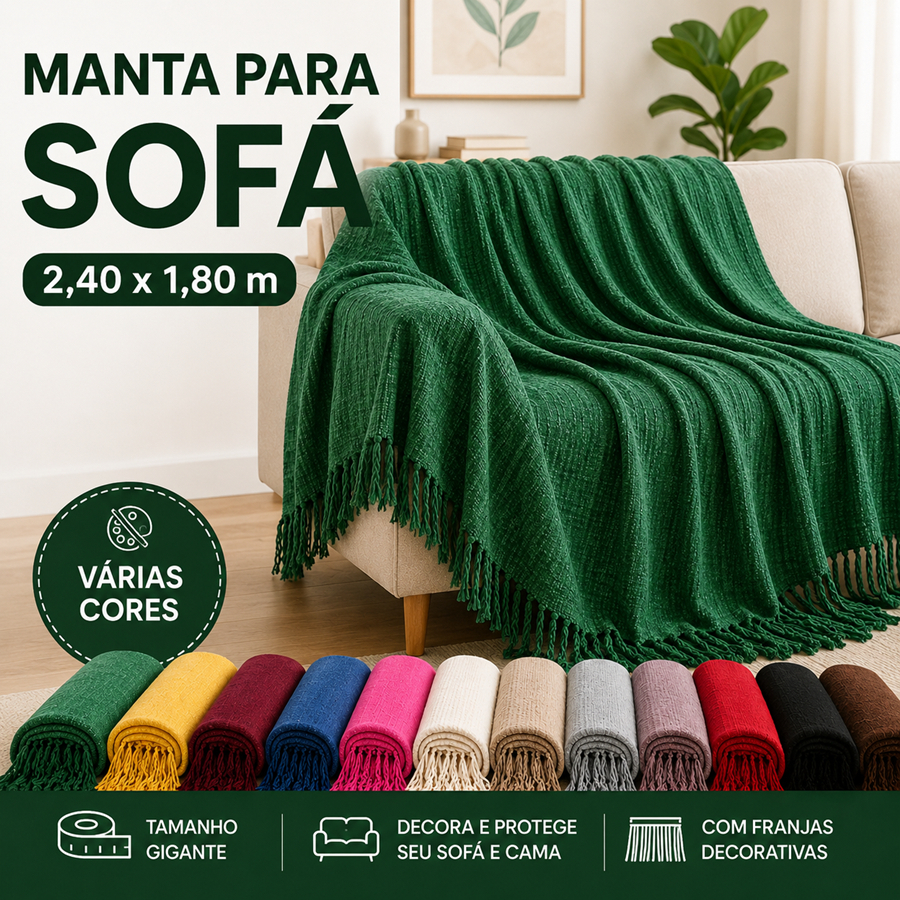 Manta Para Sofá 2,40x1,80 Gigante Retrátil 2 e 3 Lugares Algodão Capa Protetora Decorativa com Franjas