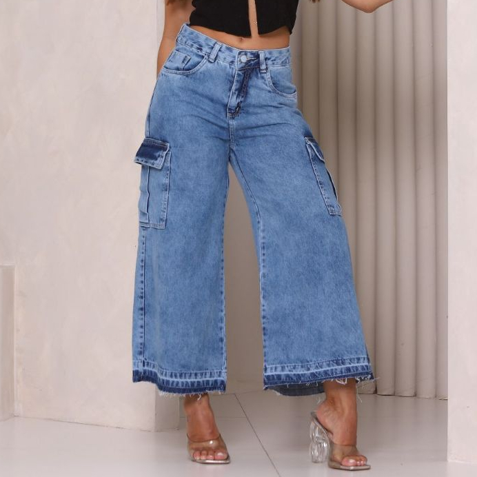 Calça Jeans Pantacourt Cargo Cintura 100%Algodão tendência 2026.