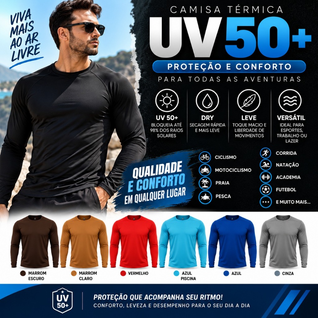 Camisa UV 50+ Masculina Manga Longa Térmica Dry Fit Proteção Solar Esporte Pesca Academia Ciclismo