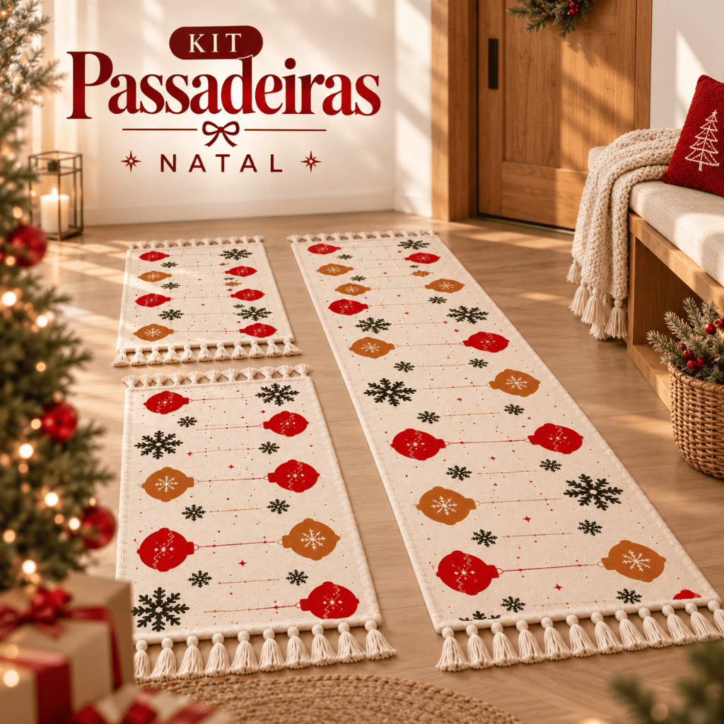Jogo de Passadeira 3 Peças Natal de Tear Tapete de Cozinha Salas Corredores e ao lado da Cama Estampa Natal