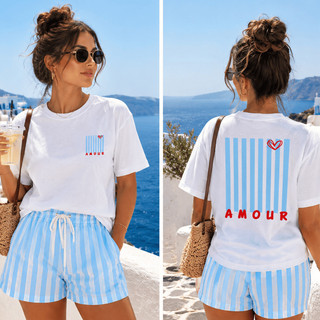 Camiseta Com Estampa Nas Costas Amour Listra Coração Tshirt 100% Algodão Estilosa Inspiração Moda Manga Curta