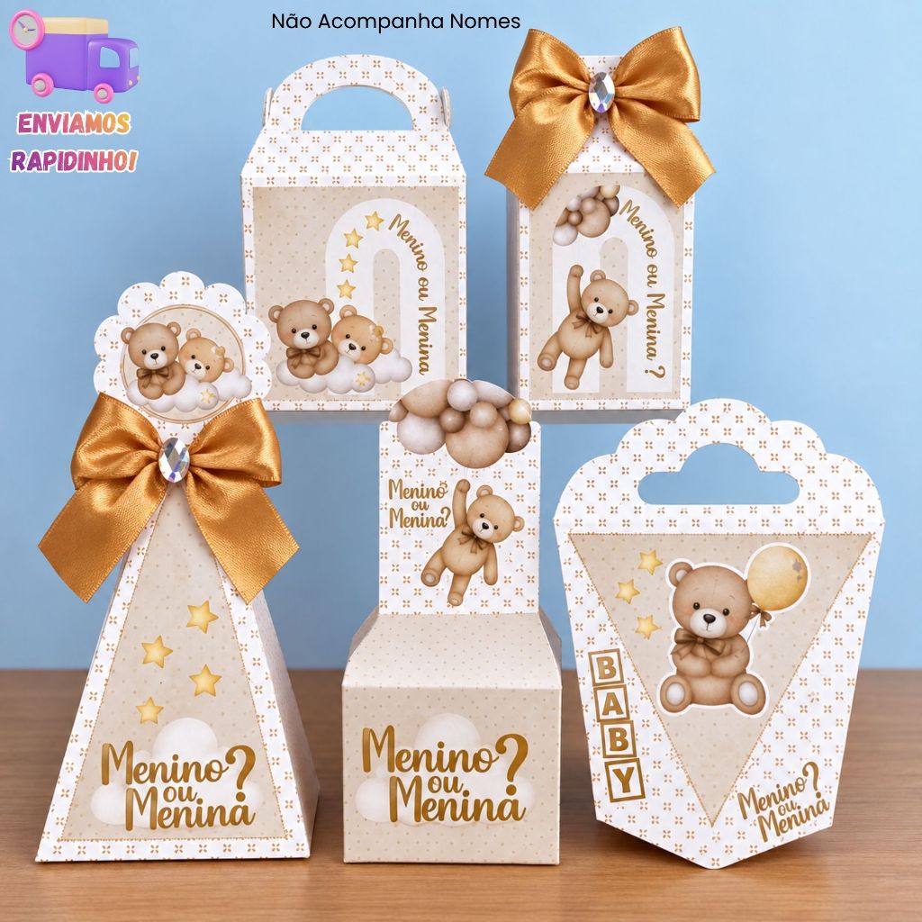 Caixinhas Kit Festa | CHÁ REVELAÇÃO URSINHOS NEUTRO (PEGUE E MONTE) Lembrancinhas Caixas Decoração