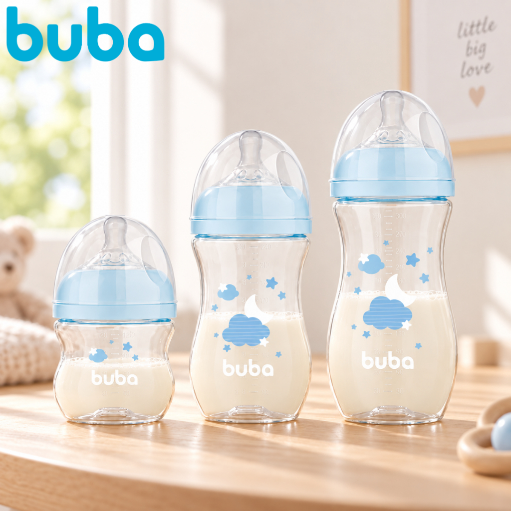Kit 3 Mamadeiras Buba Anticólica 120, 270 e 330 ML Bico Pétala Silicone Macio Easy Flow Antivazamento Bebe Recem Nascido