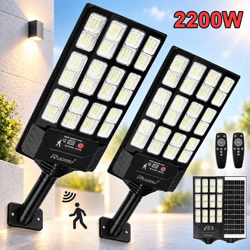 Kit 2 luminária solar externa 2200W controle remoto sensor de movimento lâmpada solar portátil