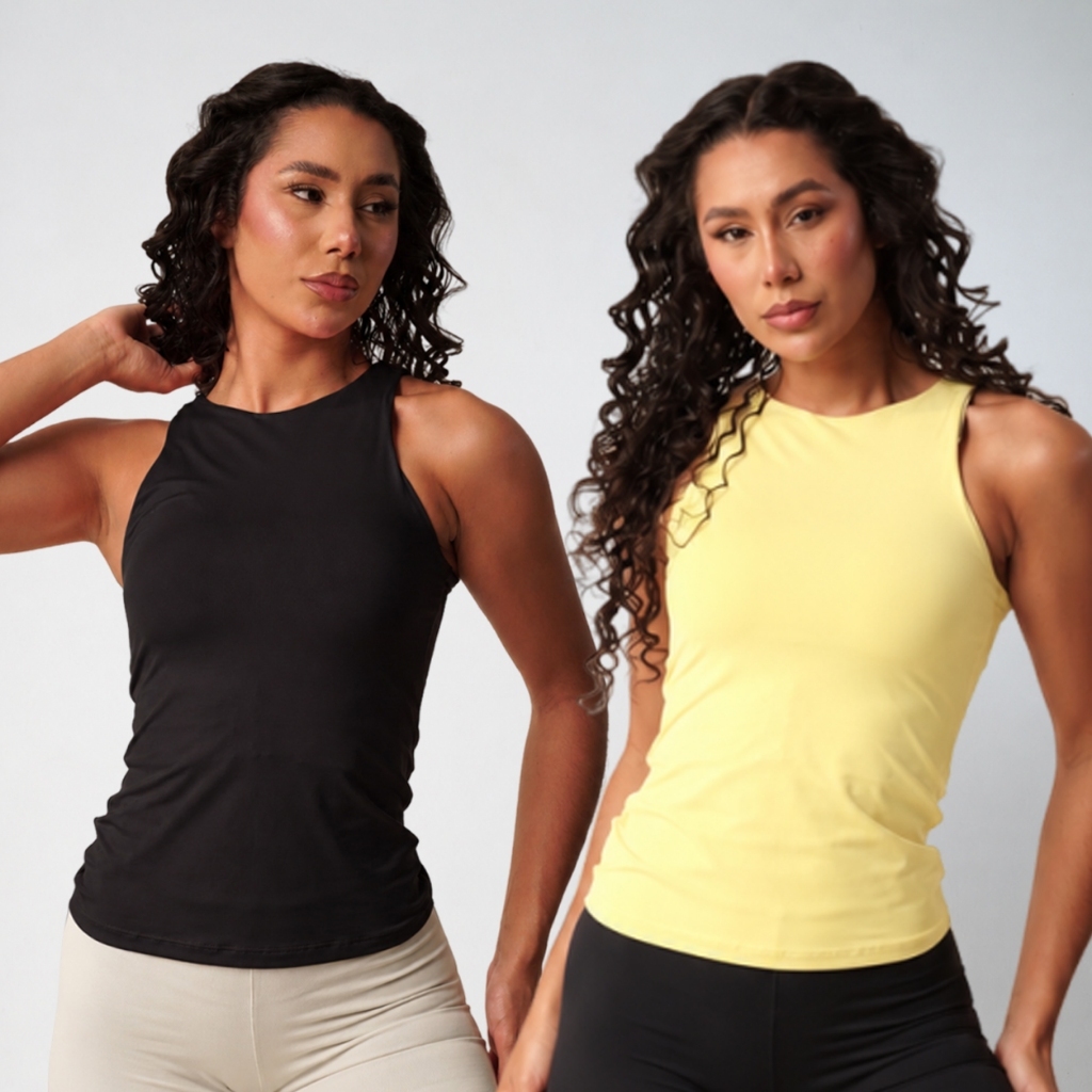 KIT 2 Regata Poliamida Feminina Academia Fitness Premium Treino Elastano Costas Nadador Malha Fria Careca Básica Casual