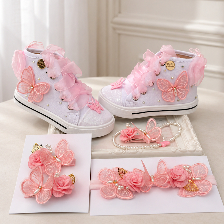 Kit Tênis Menina Jardim das Borboletas Rosa Sapatinho + Prendedor Chupeta Laço Decorado Presilha ou Tênis