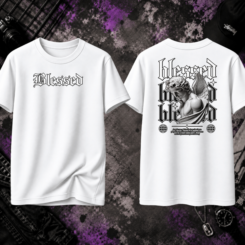 Camiseta Masculina Estampada Anjo Blessed 100% Algodão Estampa Estilosa Camisa Unissex