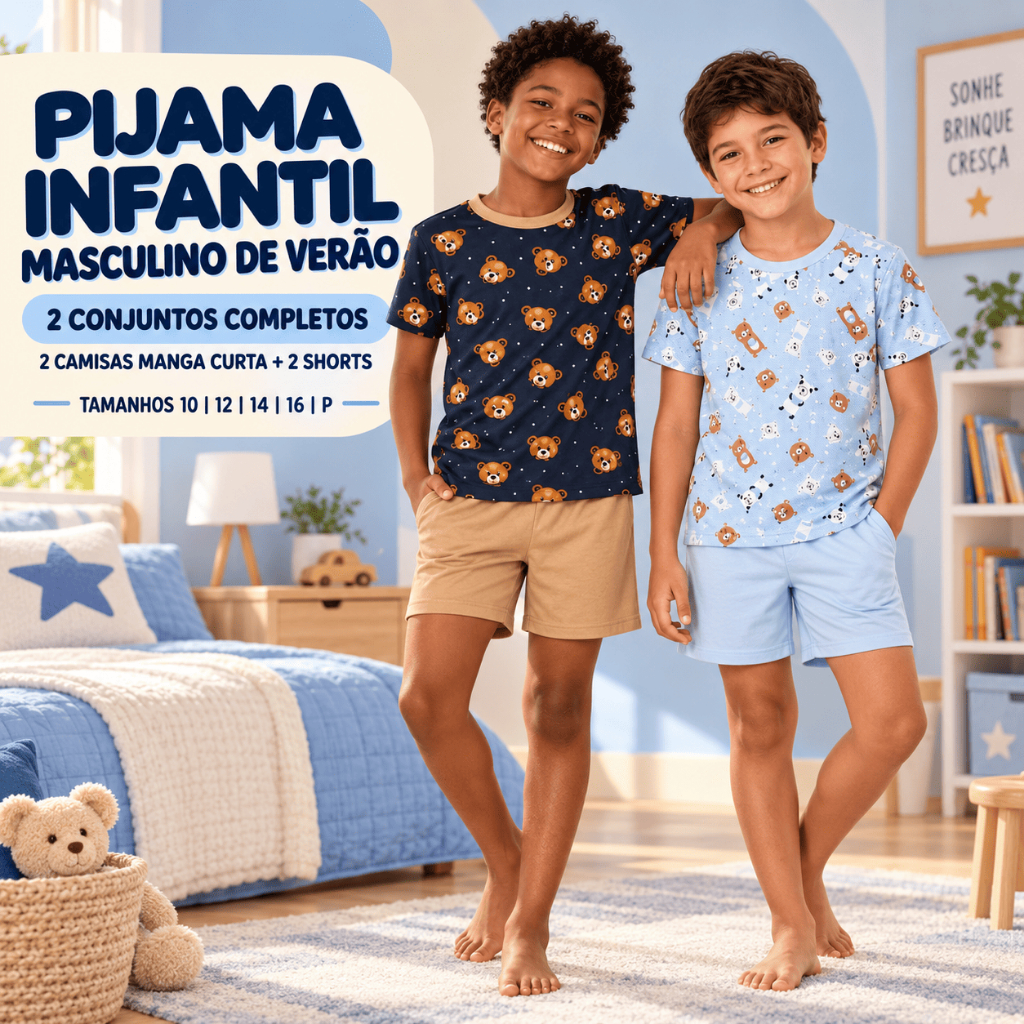 Kit com 2 Pijamas Infantis Masculinos de Verão em Poliéster, Estampas Sortidas, Tamanhos 2 a 16 Anos