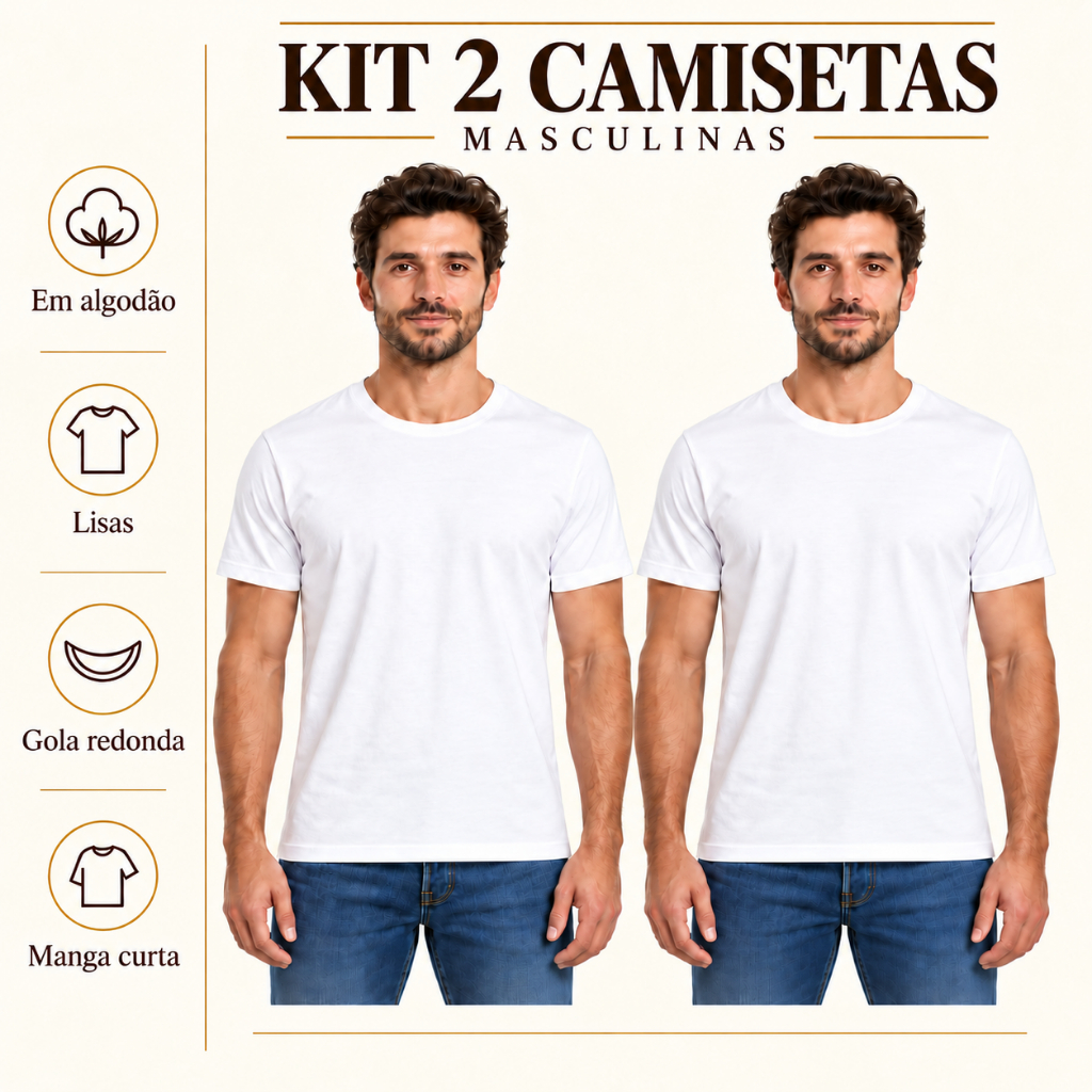 Kit 2 Camisetas Masculinas Lisa 100% Algodão Casual Básica Manga Curta Diversas Cores