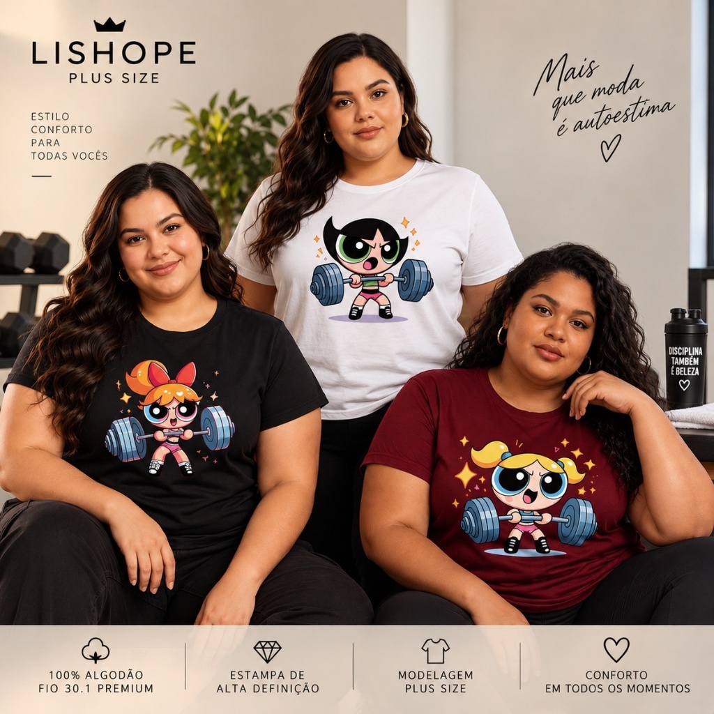 Kit 3 Camisetas Super Poderosas Plus Size Estampada Moda