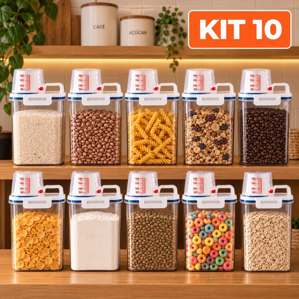 Kit 10 Potes Herméticos 2,5L Dispenser com Copo Medidor e Bico Dosador Organizador de Cozinha