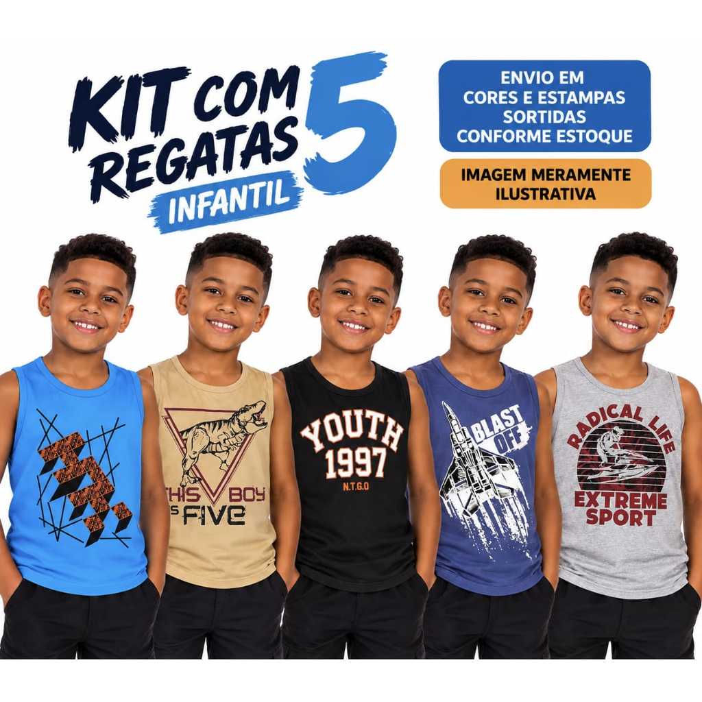 Camiseta Infantil/Juvenil Menino Regata Estampas Versáteis e modernas do 10 ao 16 Algodão  Cores  e Estampas Sortidas