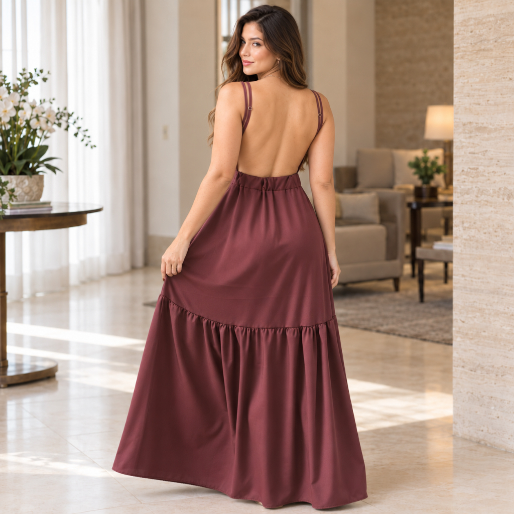 Vestido Decote Costas Nuas com Bojo Longo Feminino com Alças Regulaveis