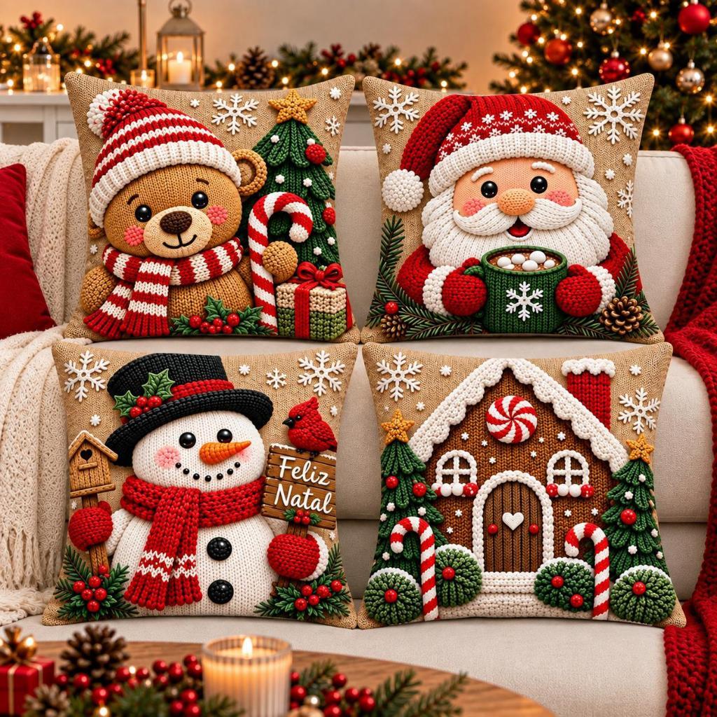 KIT 4 CAPAS DE ALMOFADAS DECORATIVAS NATAL ,PAPAI NOEL ,BONECO DE NEVE,RENA COLEÇÃO 2026