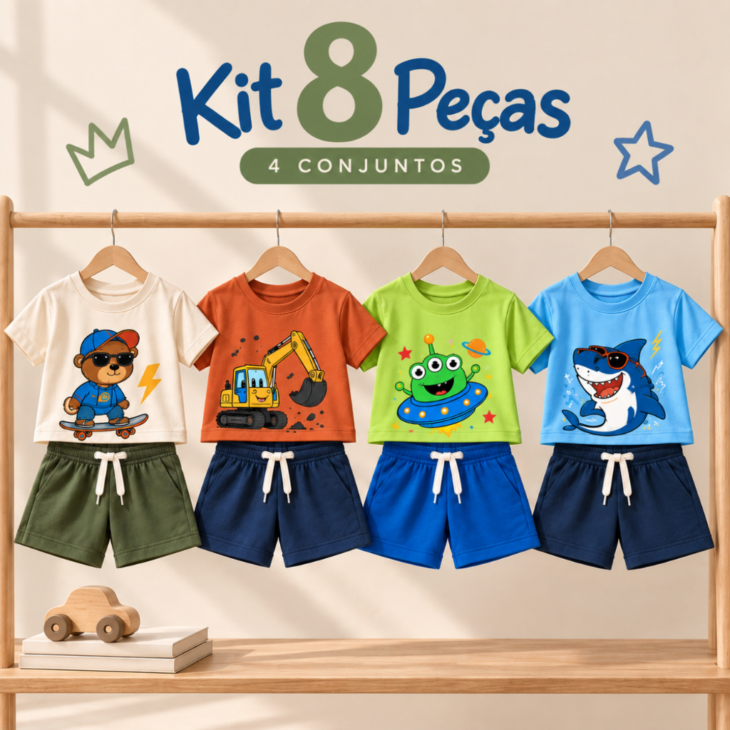 Kit 8 peças Roupa Infantil Masculina Menino Conjunto Camiseta e Bermuda Verão Algodao 4 conjuntos