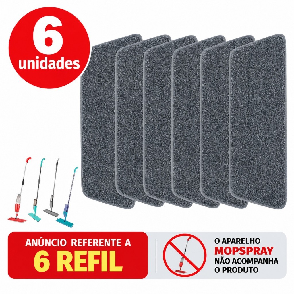 Refil Mop Spray Pano Microfibra Lavável Reutilizável Kit 6 Unidades Para Piso Frio Sintético Madeira