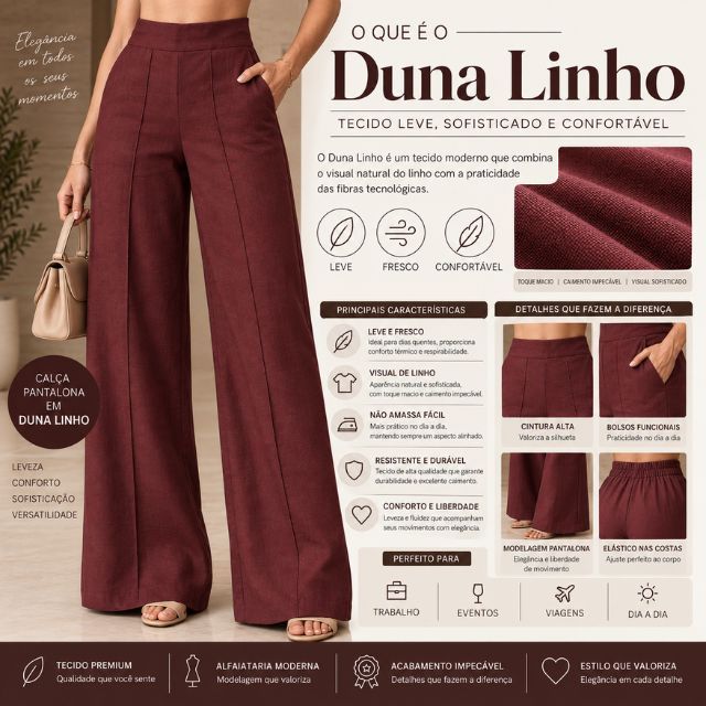 KIT LINHO Calça Social Pantalona LINHO Cintura Alta Elegante Social, com bolso Premio