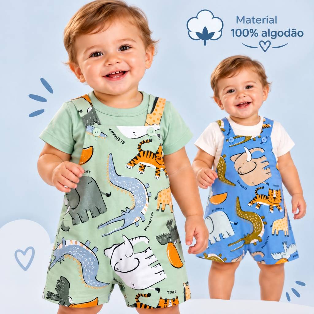 Conjunto Bebê Menino Elian Jardineira Moletinho Animais e Camiseta Manga Curta