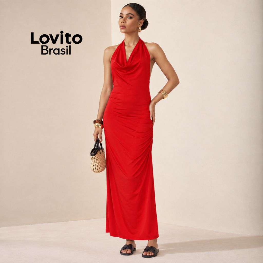 Lovito Vestido Feminino Decote Degagê DRB935BRL965